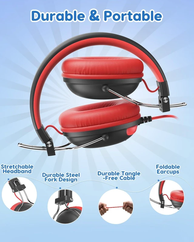 Alt view image 6 of 7 - Kids Headphones Wired for School, 74-85dB Limiter, Black Red OHW342 Foldable on-ear Stereo Sound, Tangle Free, 3.5mm Jack,for Kids Boys Girls Classroom Travel Chromebook iPad Tablets