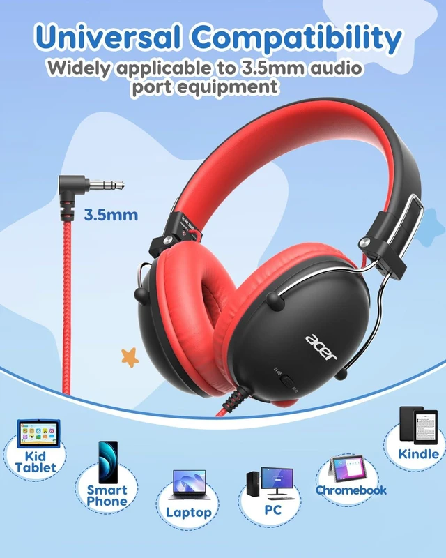 Alt view image 7 of 7 - Kids Headphones Wired for School, 74-85dB Limiter, Black Red OHW342 Foldable on-ear Stereo Sound, Tangle Free, 3.5mm Jack,for Kids Boys Girls Classroom Travel Chromebook iPad Tablets