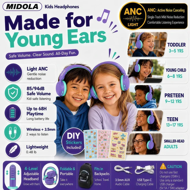 Alt view image 2 of 7 - Kids Bluetooth Headphones Wireless Over-Ear,Active Noise Cancelling,Purple 68Hrs,Volume Limit 85/94dB,Built-in Mic,Adjustable Headband Foldable Lightweight for Toddler School Girls Boys,Stereo Sound