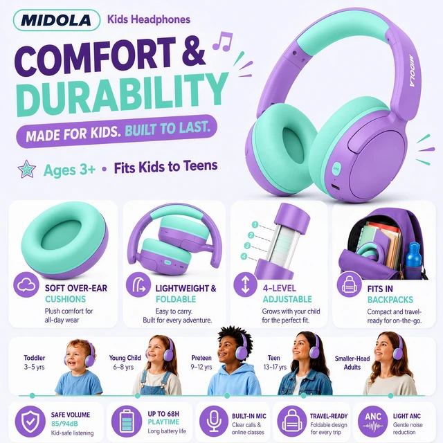Alt view image 4 of 7 - Kids Bluetooth Headphones Wireless Over-Ear,Active Noise Cancelling,Purple 68Hrs,Volume Limit 85/94dB,Built-in Mic,Adjustable Headband Foldable Lightweight for Toddler School Girls Boys,Stereo Sound
