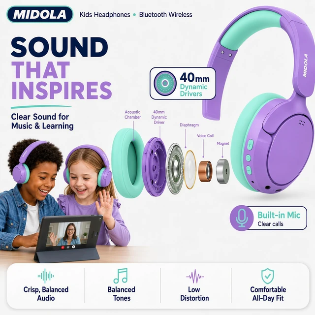 Alt view image 6 of 7 - Kids Bluetooth Headphones Wireless Over-Ear,Active Noise Cancelling,Purple 68Hrs,Volume Limit 85/94dB,Built-in Mic,Adjustable Headband Foldable Lightweight for Toddler School Girls Boys,Stereo Sound