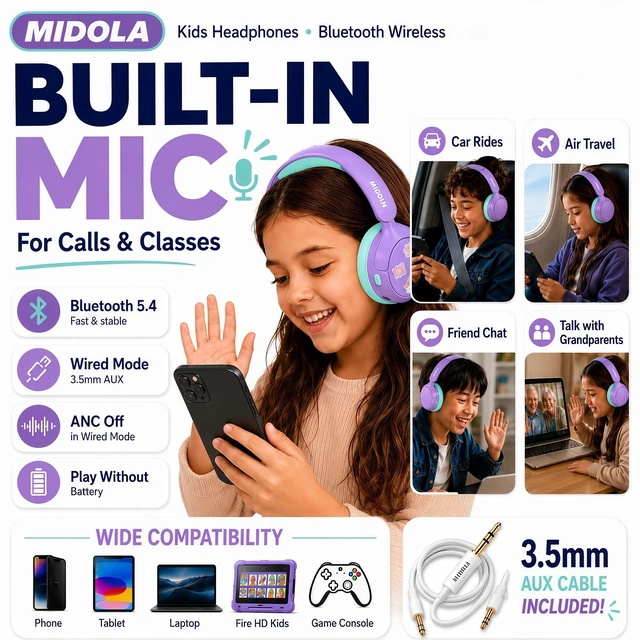 Alt view image 7 of 7 - Kids Bluetooth Headphones Wireless Over-Ear,Active Noise Cancelling,Purple 68Hrs,Volume Limit 85/94dB,Built-in Mic,Adjustable Headband Foldable Lightweight for Toddler School Girls Boys,Stereo Sound