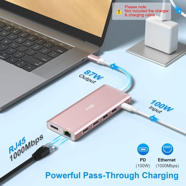Alt view image 6 of 6 - USB C Laptop Docking Station Dual Monitor 14 in 1 USB C Hub Multi Adapter USB C Dongle Dock 14 in 1 USB C to 2 HDMI 4K+DisplayPort+Ethernet+4USB+2USB C+100W PD Charger+SD/TF for Dell/Lenovo/HP Laptop