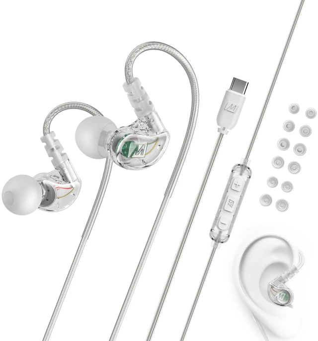 Main image of M6 Sport USB-C Wired Earbuds with Memory Wire Earhooks, Headset with Mic & 3-Button Remote for iPhone 17 Pro Max, iPad, USB Type C Devices; in Ear Headphones for Running/Gym/Workouts (Clear)