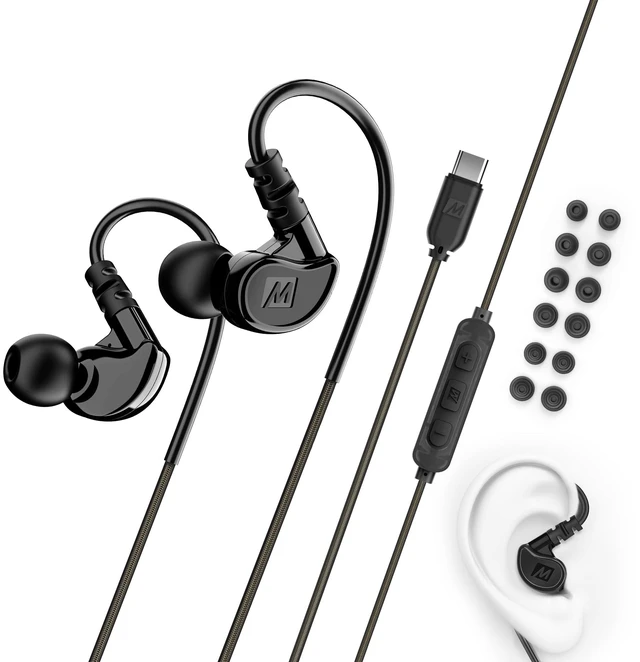 Main image of M6 Sport USB-C Wired Earbuds with Memory Wire Earhooks, Headset with Mic & 3-Button Remote for iPhone 17 Pro Max, iPad, USB Type C Devices; in Ear Headphones for Running/Gym/Workouts, Black