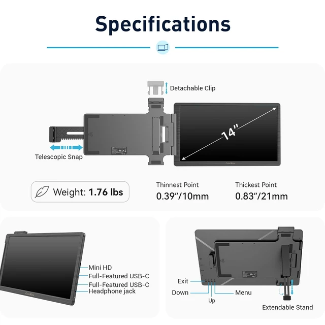Alt view image 6 of 7 - Laptop Screen Extender 14" 1080P IPS Dual Extender Portable Monitor Laptop Extended Monitor Portable for 13"-16.5" Laptops with USB-C/HD Port, Plug and Play for Mac, Wins, Android