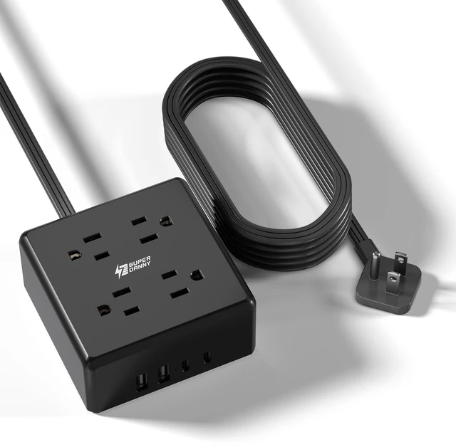 Main image of 5Ft Extension Cord, Flat Plug Power Strip Surge Protector 900J, 4 Outlets & 4 USB (2 USB-C) Charging Station for Nightstand, Office, College Dorm, Essentials, Hotel, RV, Black