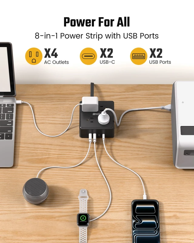 Alt view image 2 of 7 - 5Ft Extension Cord, Flat Plug Power Strip Surge Protector 900J, 4 Outlets & 4 USB (2 USB-C) Charging Station for Nightstand, Office, College Dorm, Essentials, Hotel, RV, Black