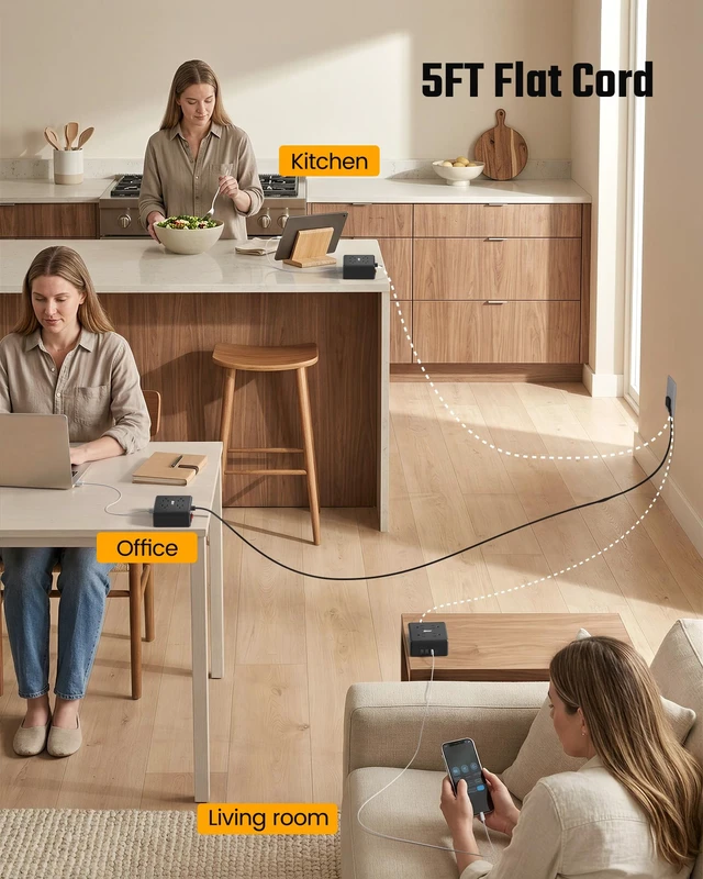 Alt view image 6 of 7 - 5Ft Extension Cord, Flat Plug Power Strip Surge Protector 900J, 4 Outlets & 4 USB (2 USB-C) Charging Station for Nightstand, Office, College Dorm, Essentials, Hotel, RV, Black