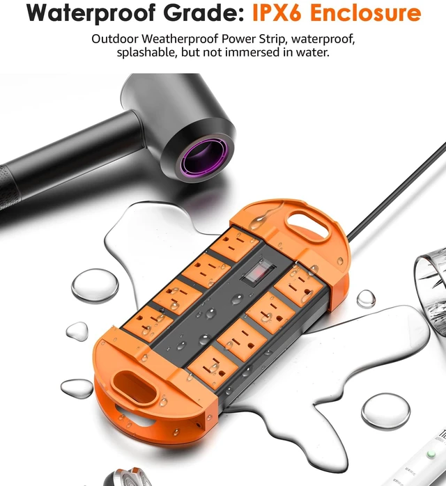 Alt view image 2 of 7 - Outdoor Power Strip Weatherproof with 8 Plug, Waterproof Extension Cord with Multiple Outlets, Christmas Exterior Garden Yard Surge Protector 10FT, Orange