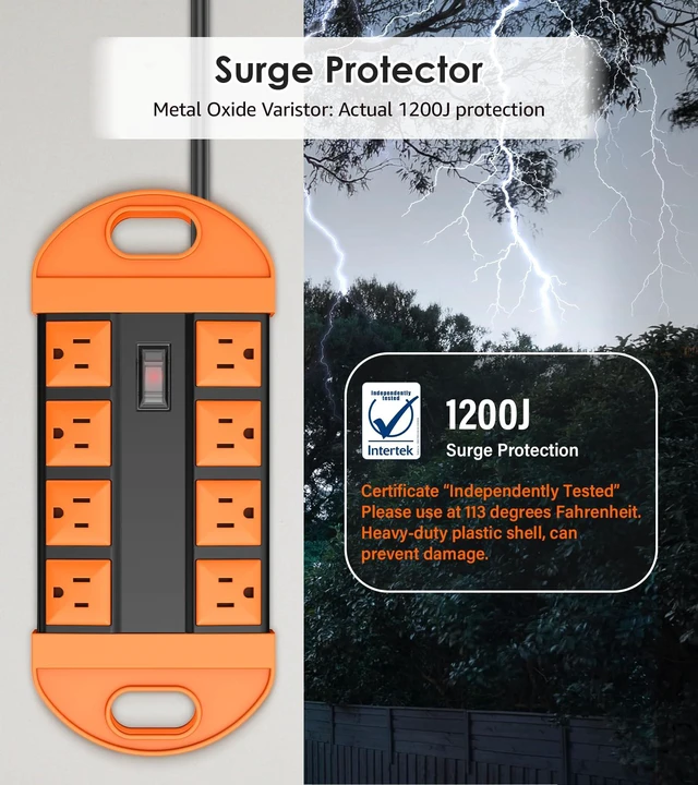 Alt view image 3 of 7 - Outdoor Power Strip Weatherproof with 8 Plug, Waterproof Extension Cord with Multiple Outlets, Christmas Exterior Garden Yard Surge Protector 10FT, Orange