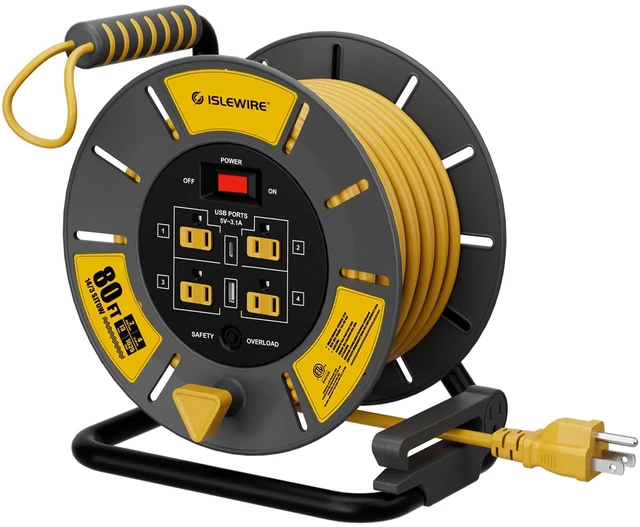 Main image of Retractable Extension Cord Reel 80 FT, 14AWG SJTOW Heavy Duty Power Cord with 4 Grounded Outlets, USB-A & USB-C Ports, 13A Circuit Breaker, Hand Crank for Indoor Outdoor Use, ETL Listed, Yellow