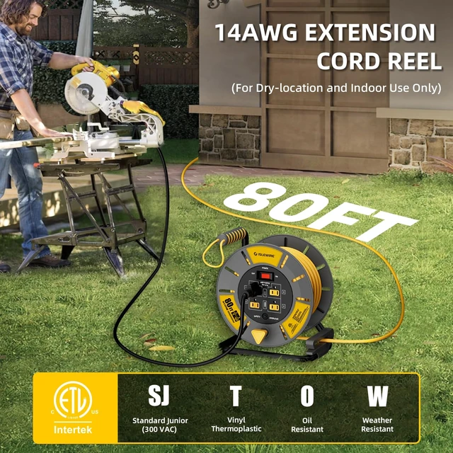 Alt view image 2 of 7 - Retractable Extension Cord Reel 80 FT, 14AWG SJTOW Heavy Duty Power Cord with 4 Grounded Outlets, USB-A & USB-C Ports, 13A Circuit Breaker, Hand Crank for Indoor Outdoor Use, ETL Listed, Yellow