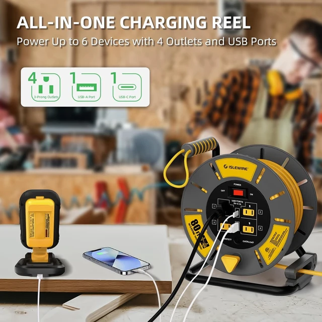 Alt view image 3 of 7 - Retractable Extension Cord Reel 80 FT, 14AWG SJTOW Heavy Duty Power Cord with 4 Grounded Outlets, USB-A & USB-C Ports, 13A Circuit Breaker, Hand Crank for Indoor Outdoor Use, ETL Listed, Yellow