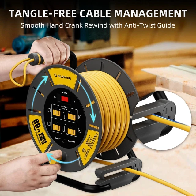 Alt view image 5 of 7 - Retractable Extension Cord Reel 80 FT, 14AWG SJTOW Heavy Duty Power Cord with 4 Grounded Outlets, USB-A & USB-C Ports, 13A Circuit Breaker, Hand Crank for Indoor Outdoor Use, ETL Listed, Yellow