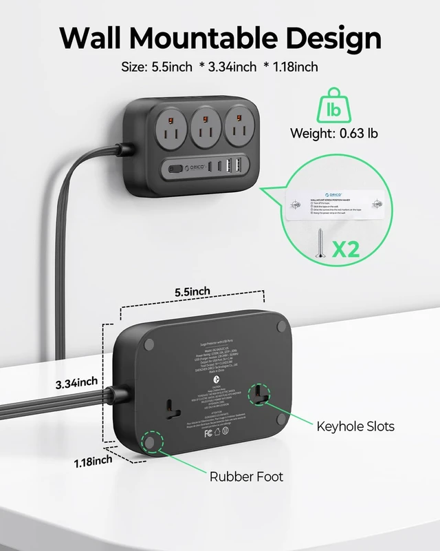 Alt view image 5 of 7 - Surge Protector Power Strip, Multiple Outlets Extension Cord with 6 AC Outlets 2 USB-A and 2 USB-C Ports, 5 ft Flat Plug Power Strip, Mountable Outlet Extender for Dorm/Office/Home