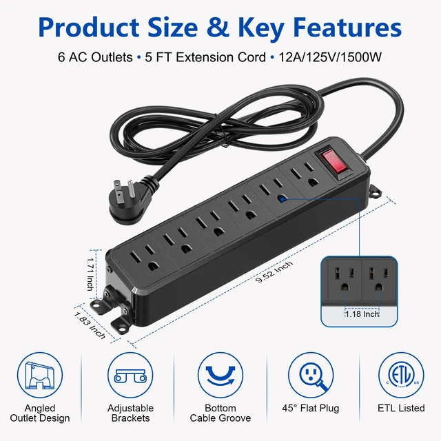 Alt view image 2 of 7 - 6 Outlet Small Power Strip, Black, Mountable, 5 ft Cord Wall Mount, Overload Protection Switch, 16AWG Flat Plug Extension Cord, for Home, Office, School, ETL Listed