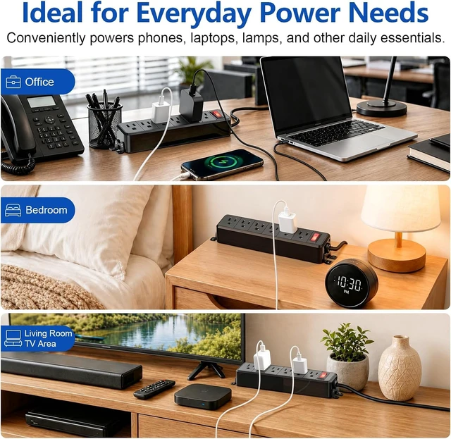Alt view image 7 of 7 - 6 Outlet Small Power Strip, Black, Mountable, 5 ft Cord Wall Mount, Overload Protection Switch, 16AWG Flat Plug Extension Cord, for Home, Office, School, ETL Listed