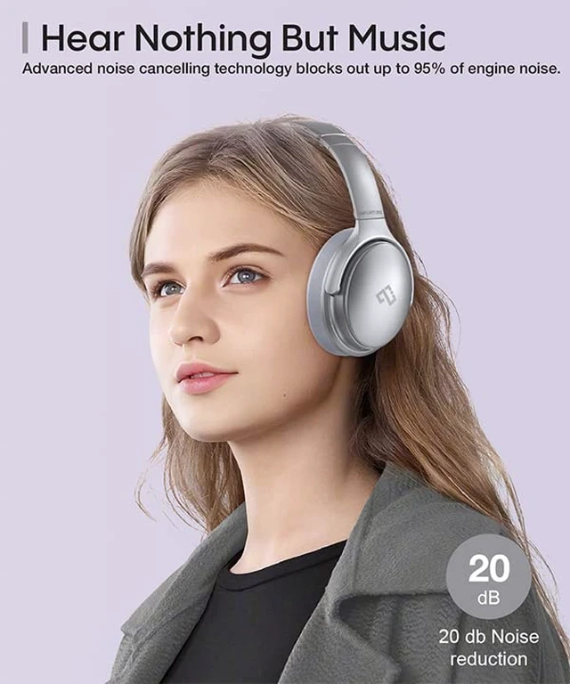 Alt view image 2 of 7 - H1 Active Noise Cancelling Bluetooth Headphone Over Ear Deep Bass Comfortable, Hi-Fi Stereo, 90H Playtime, Low Latency, Foldable Lightweight for Travel, Office, Sport Running - White