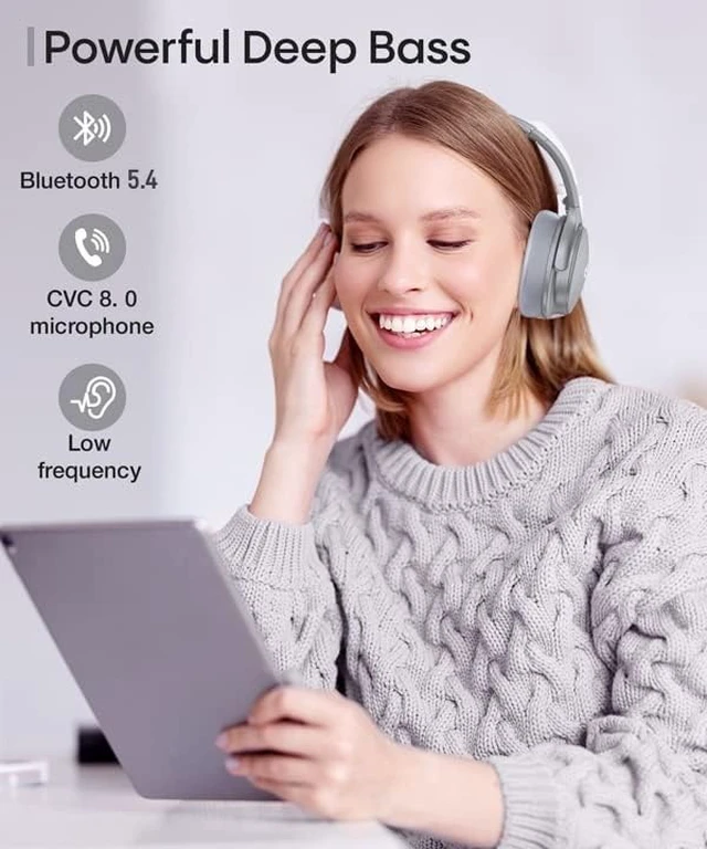 Alt view image 4 of 7 - H1 Active Noise Cancelling Bluetooth Headphone Over Ear Deep Bass Comfortable, Hi-Fi Stereo, 90H Playtime, Low Latency, Foldable Lightweight for Travel, Office, Sport Running - White