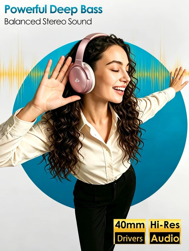 Alt view image 3 of 7 - H1 Active Noise Cancelling Bluetooth Headphone Over Ear Deep Bass Comfortable, Hi-Fi Stereo, 90H Playtime, Low Latency, Foldable Lightweight for Travel, Office, Sport Running - Pink