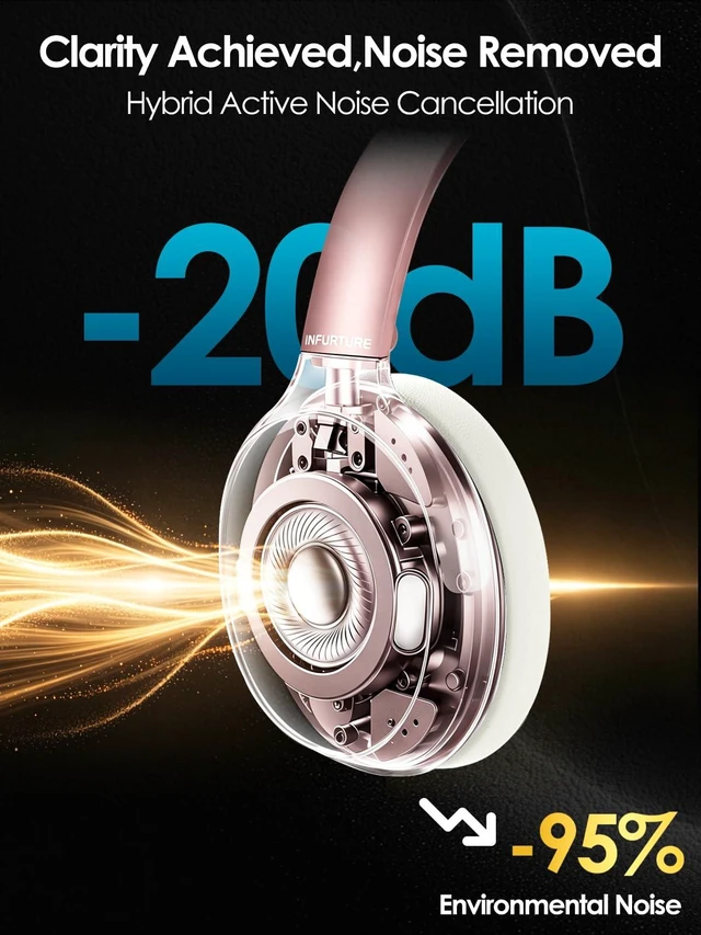 Alt view image 2 of 7 - H1 Active Noise Cancelling Bluetooth Headphone Over Ear Deep Bass Comfortable, Hi-Fi Stereo, 90H Playtime, Low Latency, Foldable Lightweight for Travel, Office, Sport Running - Pink
