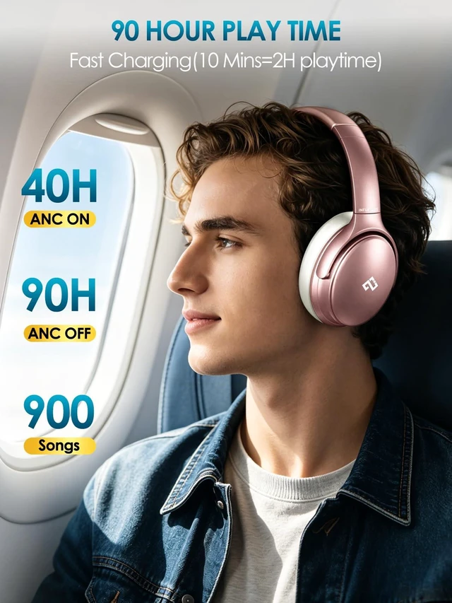 Alt view image 4 of 7 - H1 Active Noise Cancelling Bluetooth Headphone Over Ear Deep Bass Comfortable, Hi-Fi Stereo, 90H Playtime, Low Latency, Foldable Lightweight for Travel, Office, Sport Running - Pink