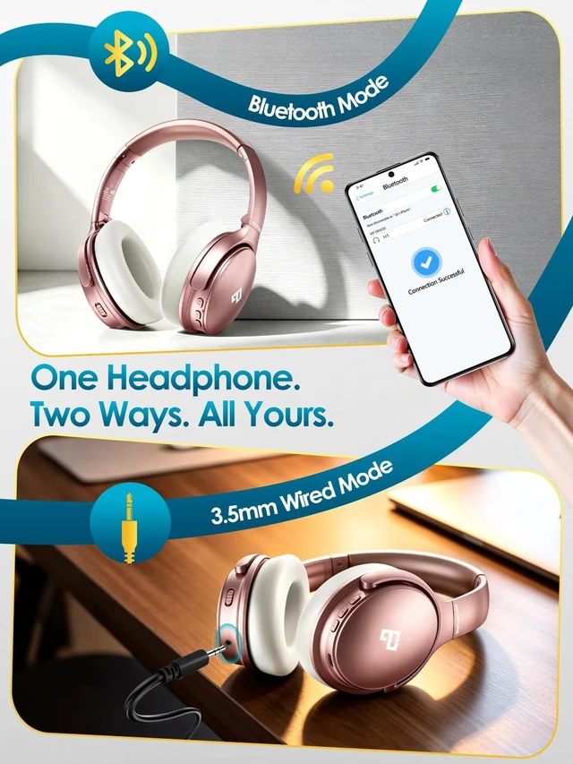 Alt view image 5 of 7 - H1 Active Noise Cancelling Bluetooth Headphone Over Ear Deep Bass Comfortable, Hi-Fi Stereo, 90H Playtime, Low Latency, Foldable Lightweight for Travel, Office, Sport Running - Pink