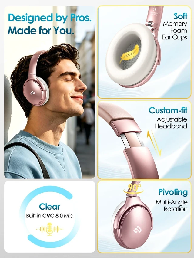 Alt view image 6 of 7 - H1 Active Noise Cancelling Bluetooth Headphone Over Ear Deep Bass Comfortable, Hi-Fi Stereo, 90H Playtime, Low Latency, Foldable Lightweight for Travel, Office, Sport Running - Pink
