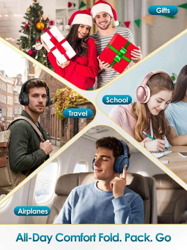 Alt view image 7 of 7 - H1 Active Noise Cancelling Bluetooth Headphone Over Ear Deep Bass Comfortable, Hi-Fi Stereo, 90H Playtime, Low Latency, Foldable Lightweight for Travel, Office, Sport Running - Pink