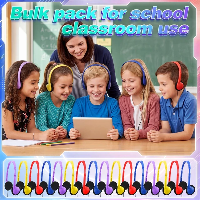 Alt view image 6 of 7 - 100 Pack Headphones for Classroom Bulk, Vivid Color, Classic Students Adjustable Headphones Wired Pack Black over The Head Earphones with 3.5 mm Plug for School Library Museums Charity