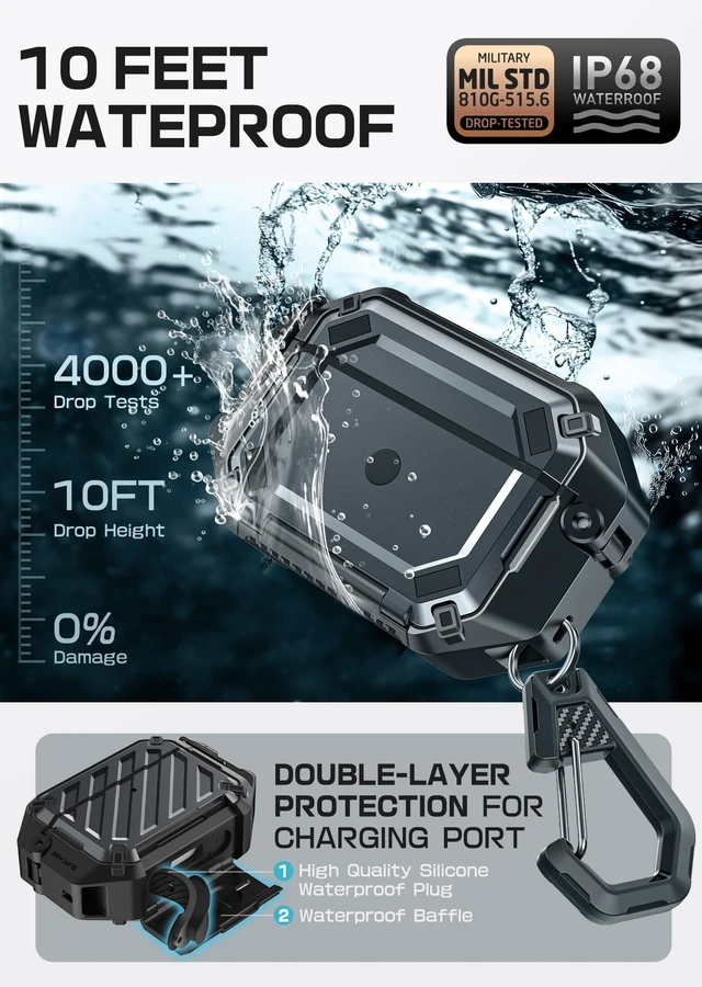 Alt view image 3 of 7 - for AirPods Pro 2/1 Case with IP68 Waterproof, Lock&Carabiner,Black Compatible with MagSafe, Military-Grade Protection, Anti-Scratch Hard Shell Cover for AirPods Pro 2nd/1st Generation, UB Pro
