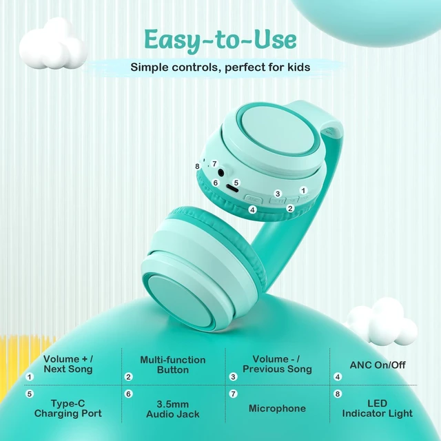 Alt view image 5 of 7 - Kids Bluetooth Headphones with ANC for School Travel Gift Wireless Over-Ear Headphones for Boys Girls, Foldable, Adjustable, Safe Volume, 40H Playtime, Mic for School Travel