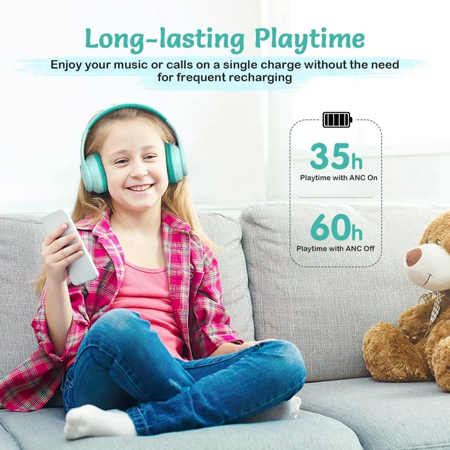 Alt view image 6 of 7 - Kids Bluetooth Headphones with ANC for School Travel Gift Wireless Over-Ear Headphones for Boys Girls, Foldable, Adjustable, Safe Volume, 40H Playtime, Mic for School Travel