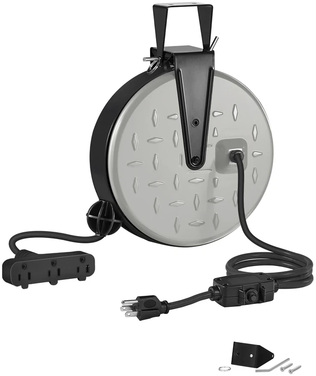 Main image of 30 Ft Retractable Extension Cord Reel, 16/3 Gauge SJTW Power Cord with 3 Electrical Outlets Pigtail for Garage and Shop, 10 Amp Circuit Breaker, Metal Plate, UL Listed, Grey S30CR06