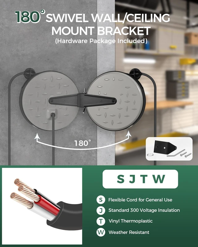 Alt view image 2 of 7 - 30 Ft Retractable Extension Cord Reel, 16/3 Gauge SJTW Power Cord with 3 Electrical Outlets Pigtail for Garage and Shop, 10 Amp Circuit Breaker, Metal Plate, UL Listed, Grey S30CR06