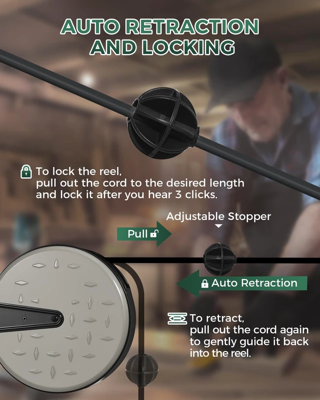 Alt view image 3 of 7 - 30 Ft Retractable Extension Cord Reel, 16/3 Gauge SJTW Power Cord with 3 Electrical Outlets Pigtail for Garage and Shop, 10 Amp Circuit Breaker, Metal Plate, UL Listed, Grey S30CR06