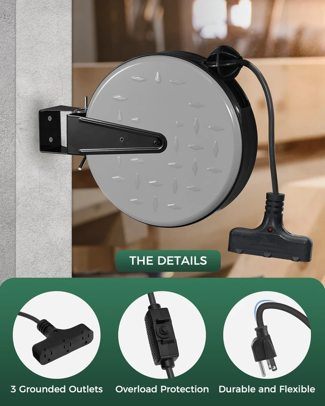 Alt view image 4 of 7 - 30 Ft Retractable Extension Cord Reel, 16/3 Gauge SJTW Power Cord with 3 Electrical Outlets Pigtail for Garage and Shop, 10 Amp Circuit Breaker, Metal Plate, UL Listed, Grey S30CR06