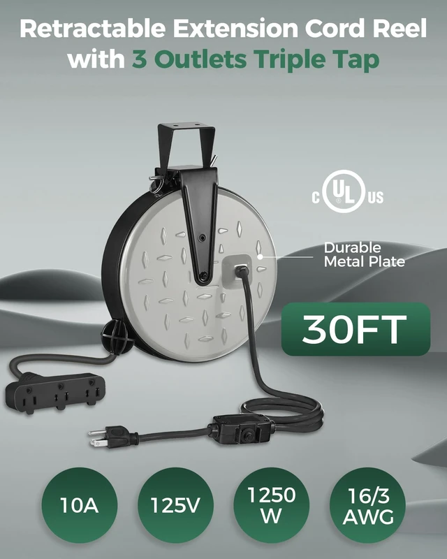 Alt view image 6 of 7 - 30 Ft Retractable Extension Cord Reel, 16/3 Gauge SJTW Power Cord with 3 Electrical Outlets Pigtail for Garage and Shop, 10 Amp Circuit Breaker, Metal Plate, UL Listed, Grey S30CR06
