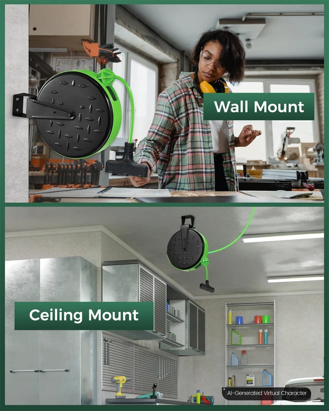 Alt view image 6 of 7 - 30 Ft Retractable Extension Cord Reel, 16/3 Gauge SJTW Power Cord with 3 Electrical Outlets Pigtail for Garage and Shop, 10 Amp Circuit Breaker, Metal Plate, UL Listed, Green J30CR06