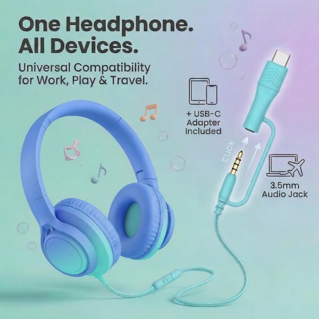 Alt view image 2 of 7 - Kids Wired Headphones, 85/94dB, Mic, USB-C Adapter, Sky Blue 85/94dB volume control, foldable over-ear design, built-in mic, 3.5mm jack, and USB-C adapter for school and travel