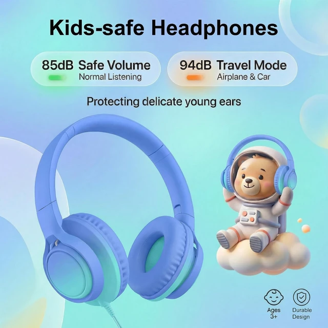 Alt view image 3 of 7 - Kids Wired Headphones, 85/94dB, Mic, USB-C Adapter, Sky Blue 85/94dB volume control, foldable over-ear design, built-in mic, 3.5mm jack, and USB-C adapter for school and travel