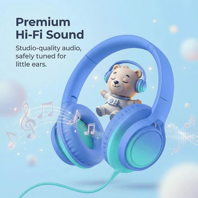 Alt view image 4 of 7 - Kids Wired Headphones, 85/94dB, Mic, USB-C Adapter, Sky Blue 85/94dB volume control, foldable over-ear design, built-in mic, 3.5mm jack, and USB-C adapter for school and travel