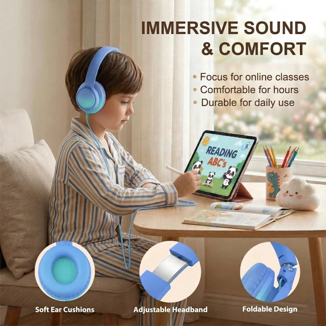 Alt view image 5 of 7 - Kids Wired Headphones, 85/94dB, Mic, USB-C Adapter, Sky Blue 85/94dB volume control, foldable over-ear design, built-in mic, 3.5mm jack, and USB-C adapter for school and travel