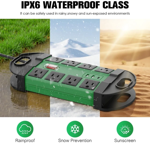 Alt view image 2 of 7 - Outdoor Weatherproof 8 Outlet Power Strip, IPX6, Green, 6FT Outdoor Power Strip, IPX6 Waterproof Surge Protector, 2 USB-A 1 USB-C Ports, for Outdoor Patio Garden Porch Garage
