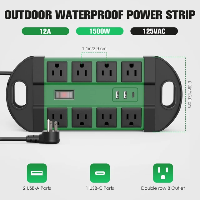 Alt view image 5 of 7 - Outdoor Weatherproof 8 Outlet Power Strip, IPX6, Green, 6FT Outdoor Power Strip, IPX6 Waterproof Surge Protector, 2 USB-A 1 USB-C Ports, for Outdoor Patio Garden Porch Garage
