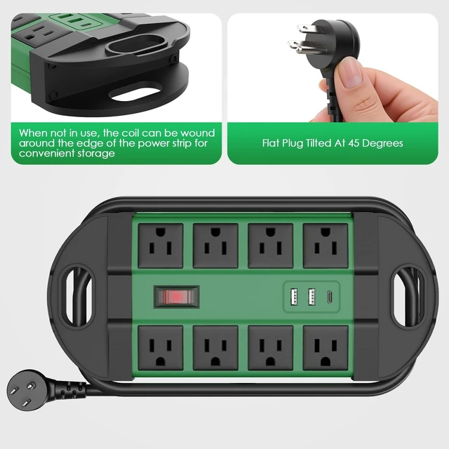 Alt view image 6 of 7 - Outdoor Weatherproof 8 Outlet Power Strip, IPX6, Green, 6FT Outdoor Power Strip, IPX6 Waterproof Surge Protector, 2 USB-A 1 USB-C Ports, for Outdoor Patio Garden Porch Garage