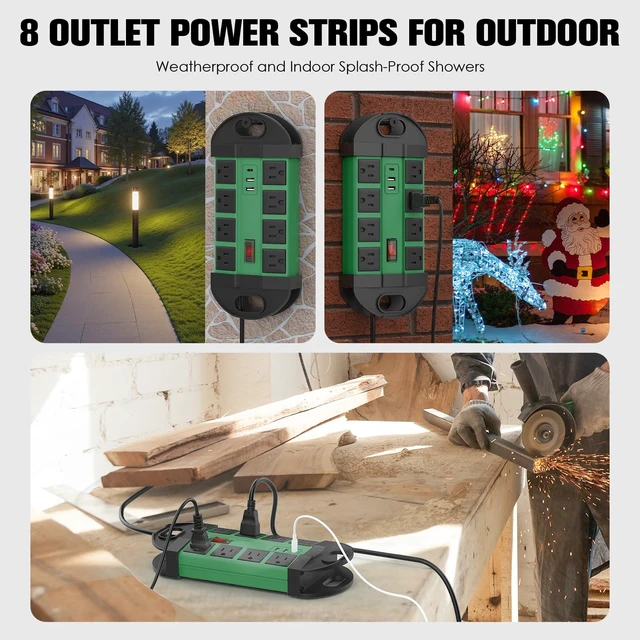 Alt view image 7 of 7 - Outdoor Weatherproof 8 Outlet Power Strip, IPX6, Green, 6FT Outdoor Power Strip, IPX6 Waterproof Surge Protector, 2 USB-A 1 USB-C Ports, for Outdoor Patio Garden Porch Garage