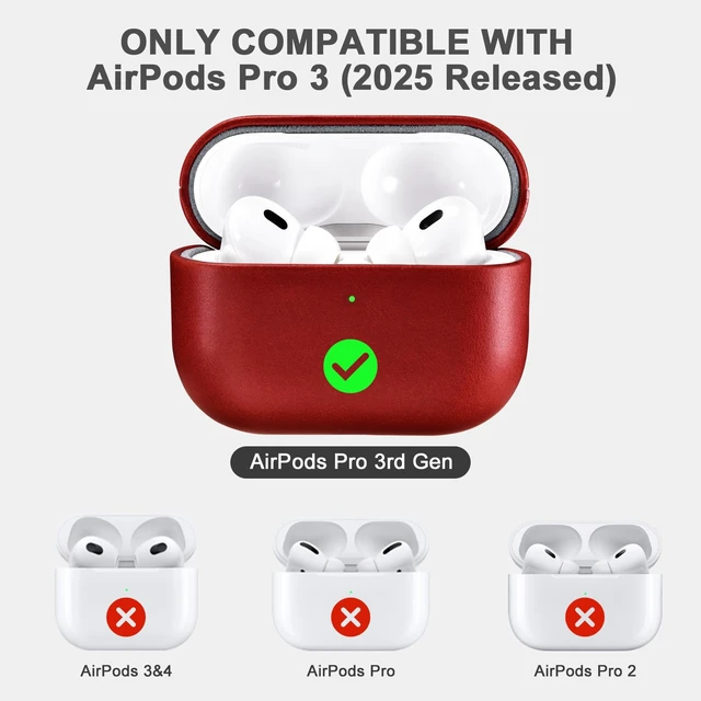 Alt view image 2 of 6 - AirPods Pro 3 Leather Case, Handmade Vintage Protective Cover (Red)