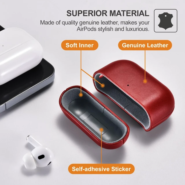 Alt view image 3 of 6 - AirPods Pro 3 Leather Case, Handmade Vintage Protective Cover (Red)
